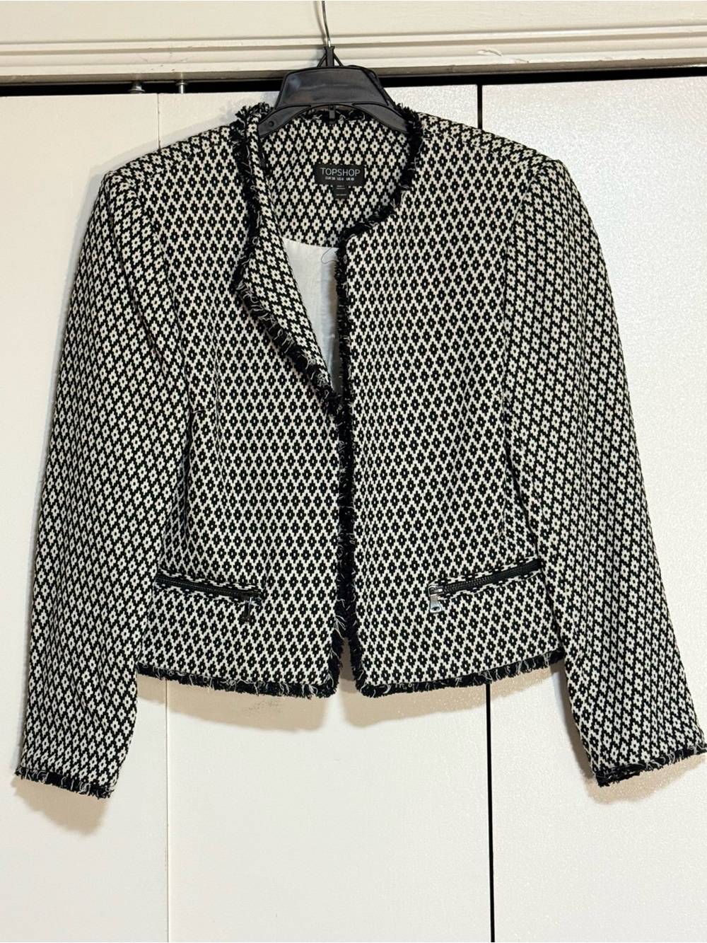 Topshop Black Tweed Blazer Coat Fringe Hem Zip Pocket Jacket Size 6 - Picture 2 of 16